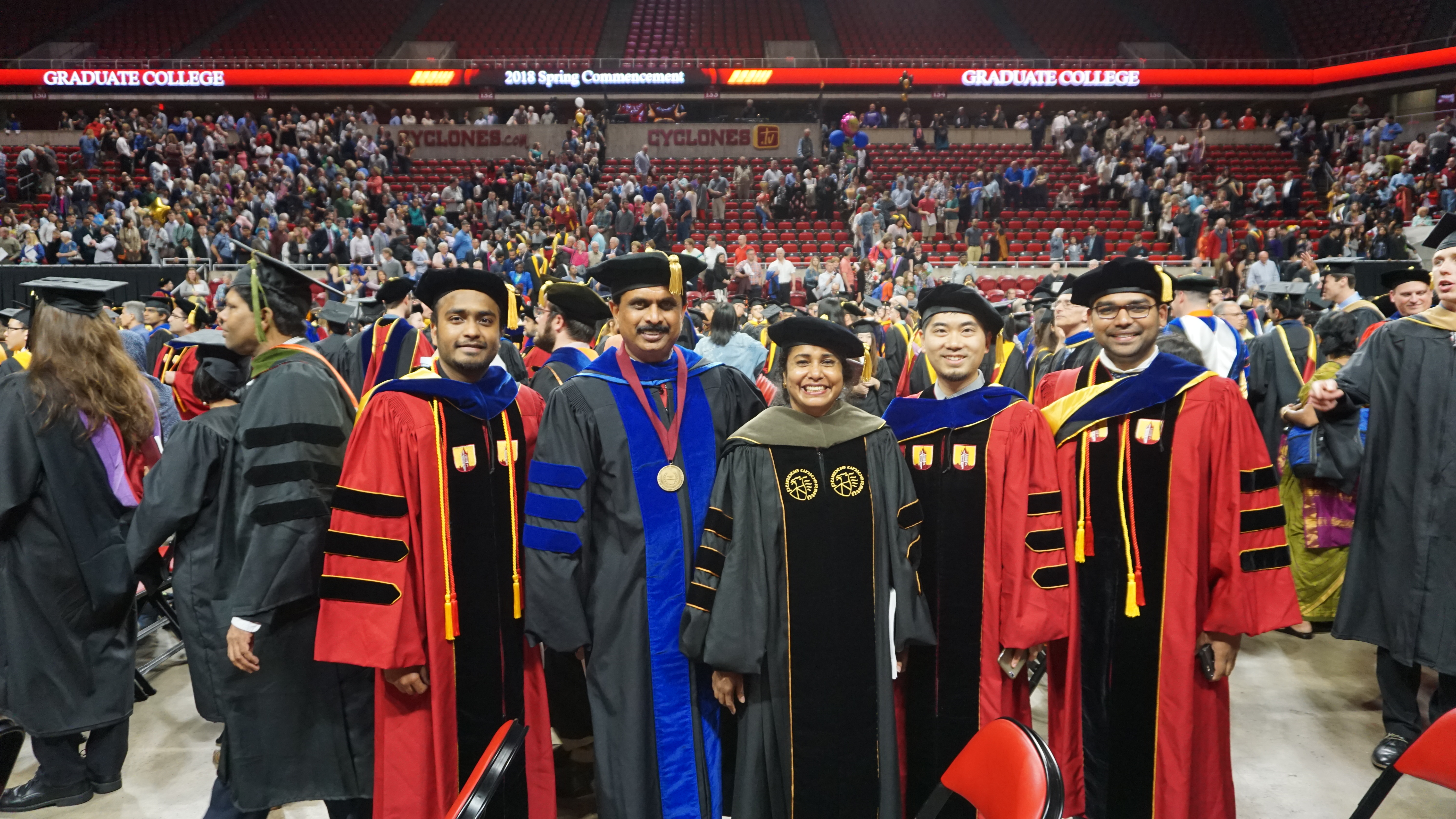 Spring 2018 PhD Graduates, Dr. Anumantha Kanthasamy and Dr. Arthi Kanthasamy, Along with Graduates Dan Luo, Naveen Kondru, and Adhithiya Manohar-Charli