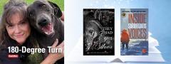 Dr. Sarah Davis with dogs and two book covers